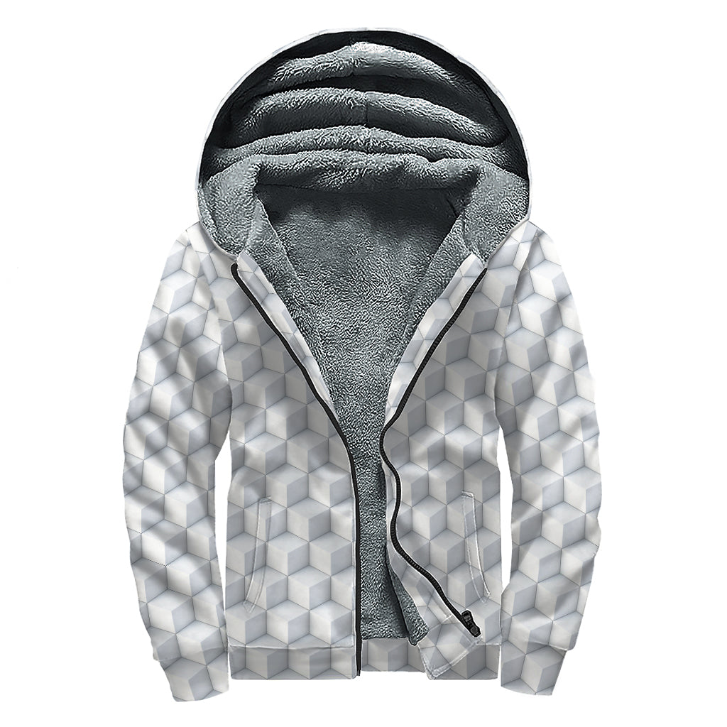 White Geometric Cube Shape Pattern Print Sherpa Lined Zip Up Hoodie