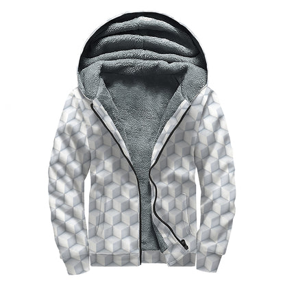 White Geometric Cube Shape Pattern Print Sherpa Lined Zip Up Hoodie