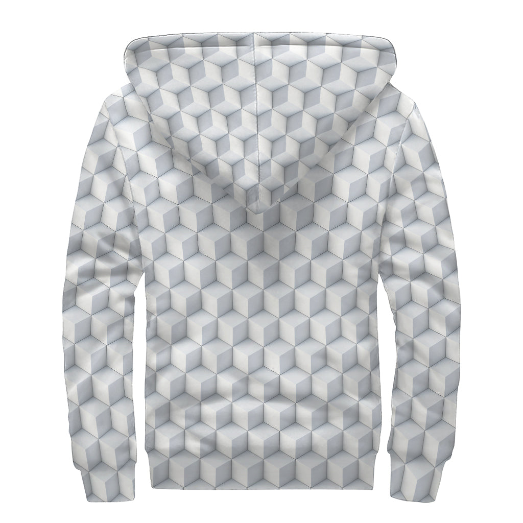White Geometric Cube Shape Pattern Print Sherpa Lined Zip Up Hoodie