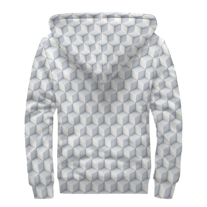 White Geometric Cube Shape Pattern Print Sherpa Lined Zip Up Hoodie