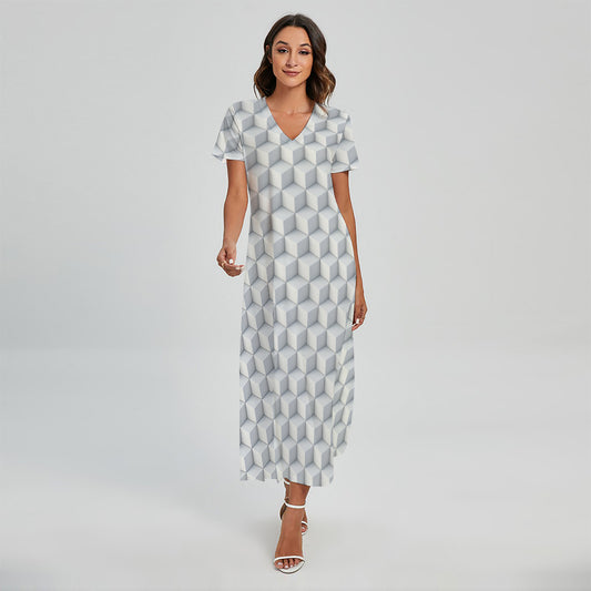 White Geometric Cube Shape Pattern Print Short Sleeve Maxi Dress