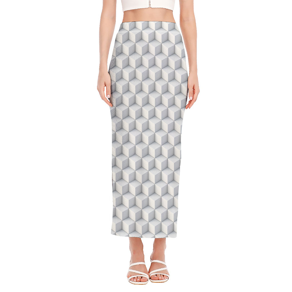 White Geometric Cube Shape Pattern Print Side Slit Maxi Skirt