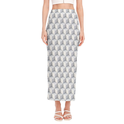 White Geometric Cube Shape Pattern Print Side Slit Maxi Skirt