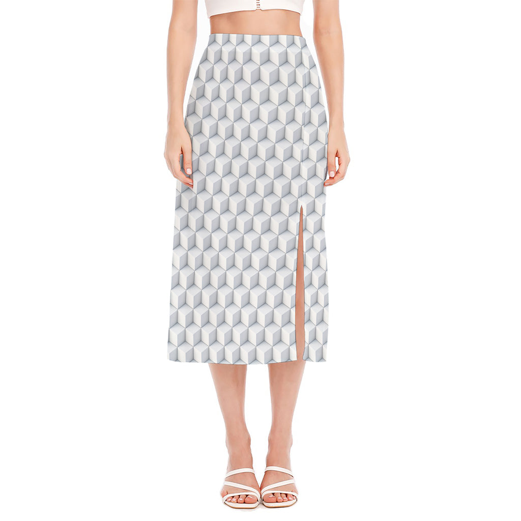 White Geometric Cube Shape Pattern Print Side Slit Midi Skirt