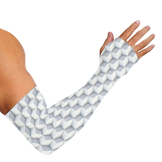 White Geometric Cube Shape Pattern Print Sun Protection Arm Sleeves