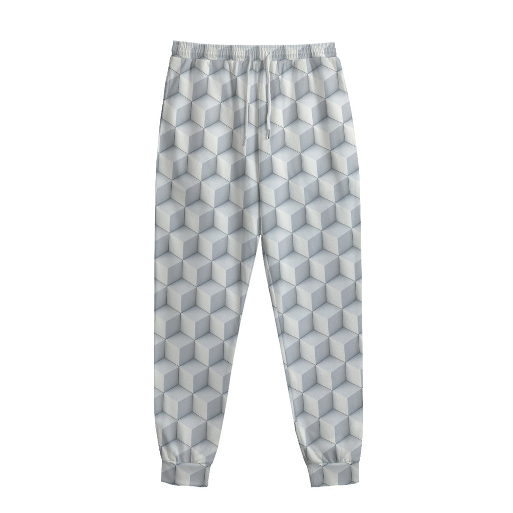 White Geometric Cube Shape Pattern Print Sweatpants