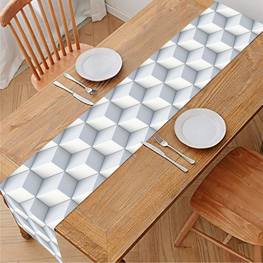 White Geometric Cube Shape Pattern Print Table Runner