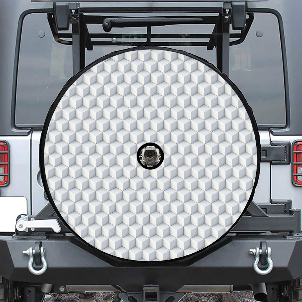 White Geometric Cube Shape Pattern Print Tire Cover With Camera Hole