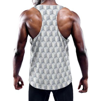 White Geometric Cube Shape Pattern Print Training Tank Top