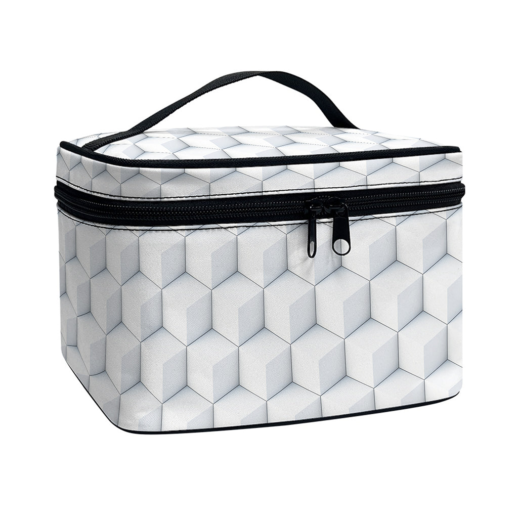White Geometric Cube Shape Pattern Print Travel Makeup Bag