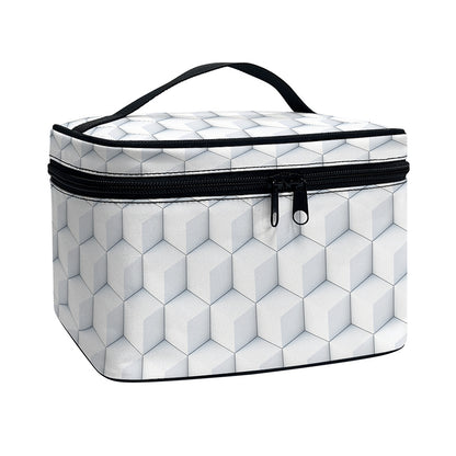 White Geometric Cube Shape Pattern Print Travel Makeup Bag