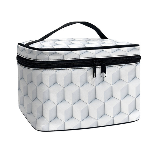 White Geometric Cube Shape Pattern Print Travel Makeup Bag