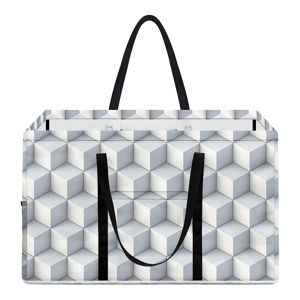 White Geometric Cube Shape Pattern Print Utility Tote Bag