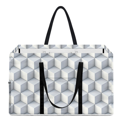White Geometric Cube Shape Pattern Print Utility Tote Bag