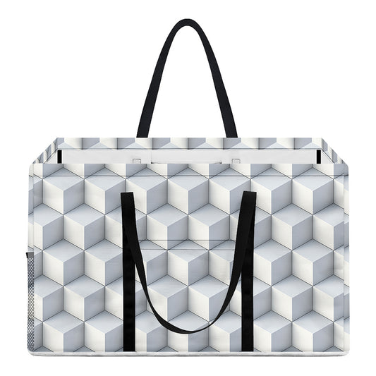 White Geometric Cube Shape Pattern Print Utility Tote Bag