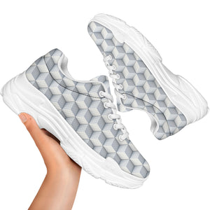 White Geometric Cube Shape Pattern Print White Chunky Shoes