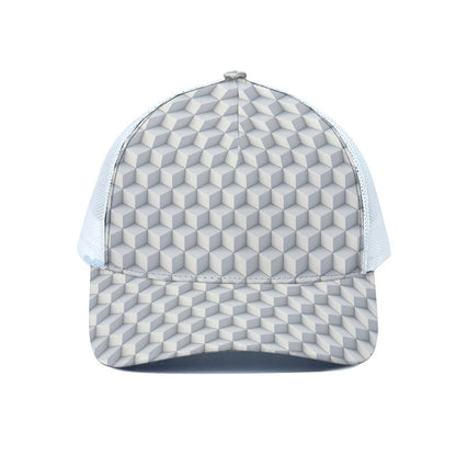 White Geometric Cube Shape Pattern Print White Mesh Trucker Cap