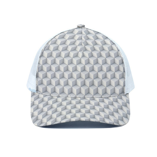 White Geometric Cube Shape Pattern Print White Mesh Trucker Cap