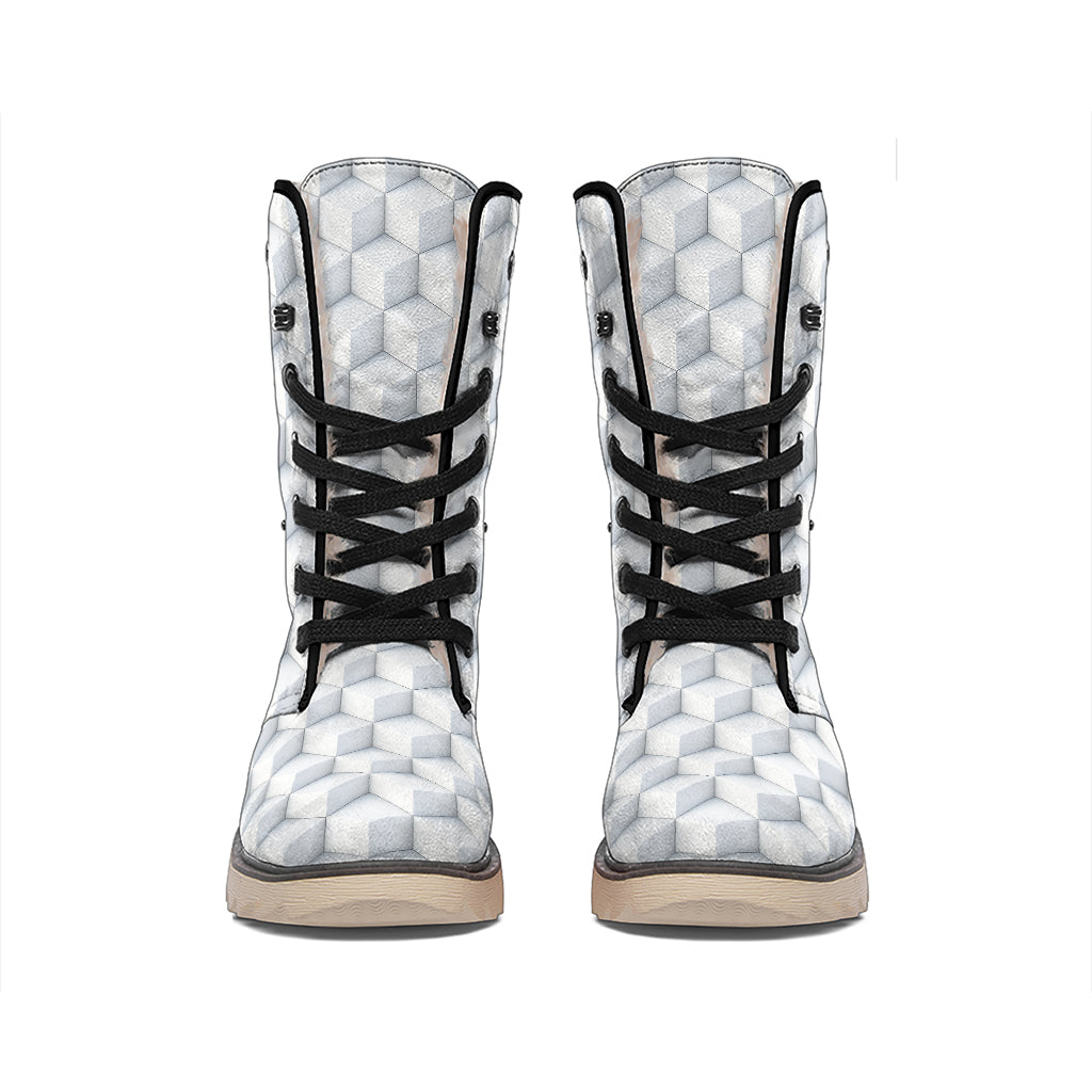White Geometric Cube Shape Pattern Print Winter Boots
