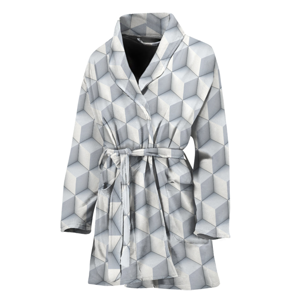 White Geometric Cube Shape Pattern Print Women's Bathrobe