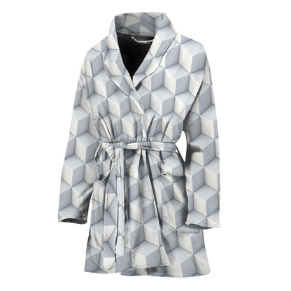 White Geometric Cube Shape Pattern Print Women's Bathrobe