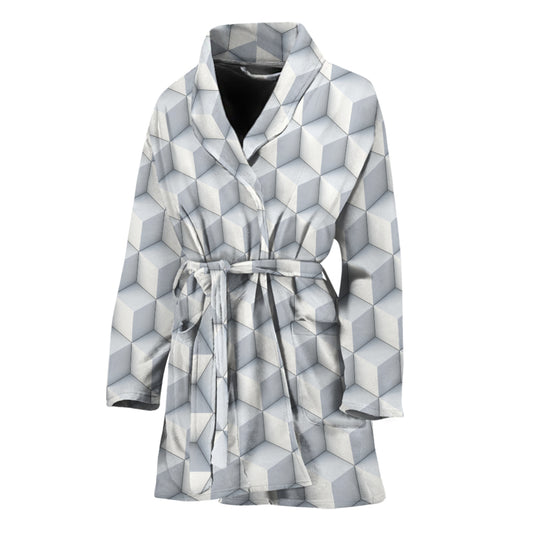 White Geometric Cube Shape Pattern Print Women's Bathrobe