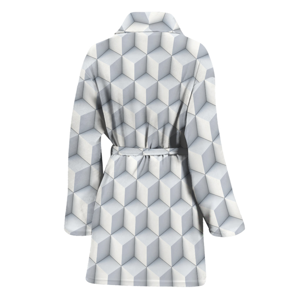 White Geometric Cube Shape Pattern Print Women's Bathrobe