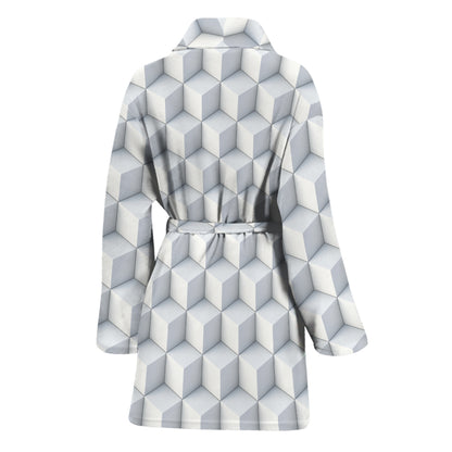White Geometric Cube Shape Pattern Print Women's Bathrobe