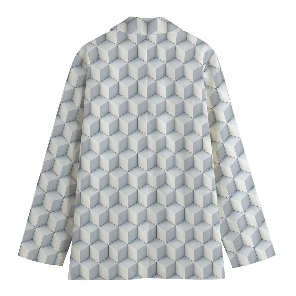 White Geometric Cube Shape Pattern Print Women's Blazer