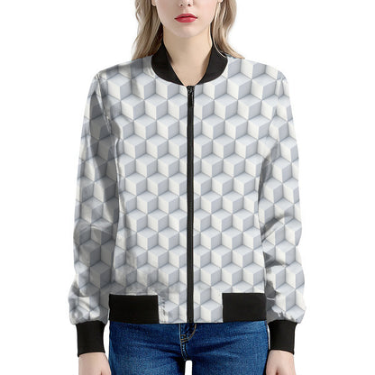 White Geometric Cube Shape Pattern Print Women's Bomber Jacket
