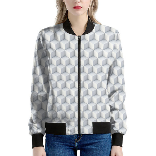 White Geometric Cube Shape Pattern Print Women's Bomber Jacket