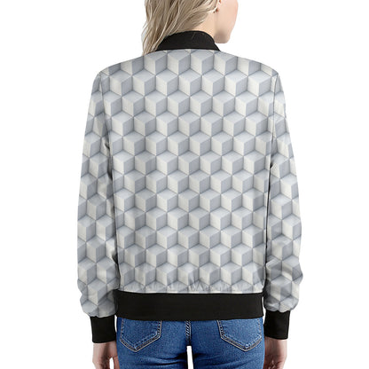 White Geometric Cube Shape Pattern Print Women's Bomber Jacket