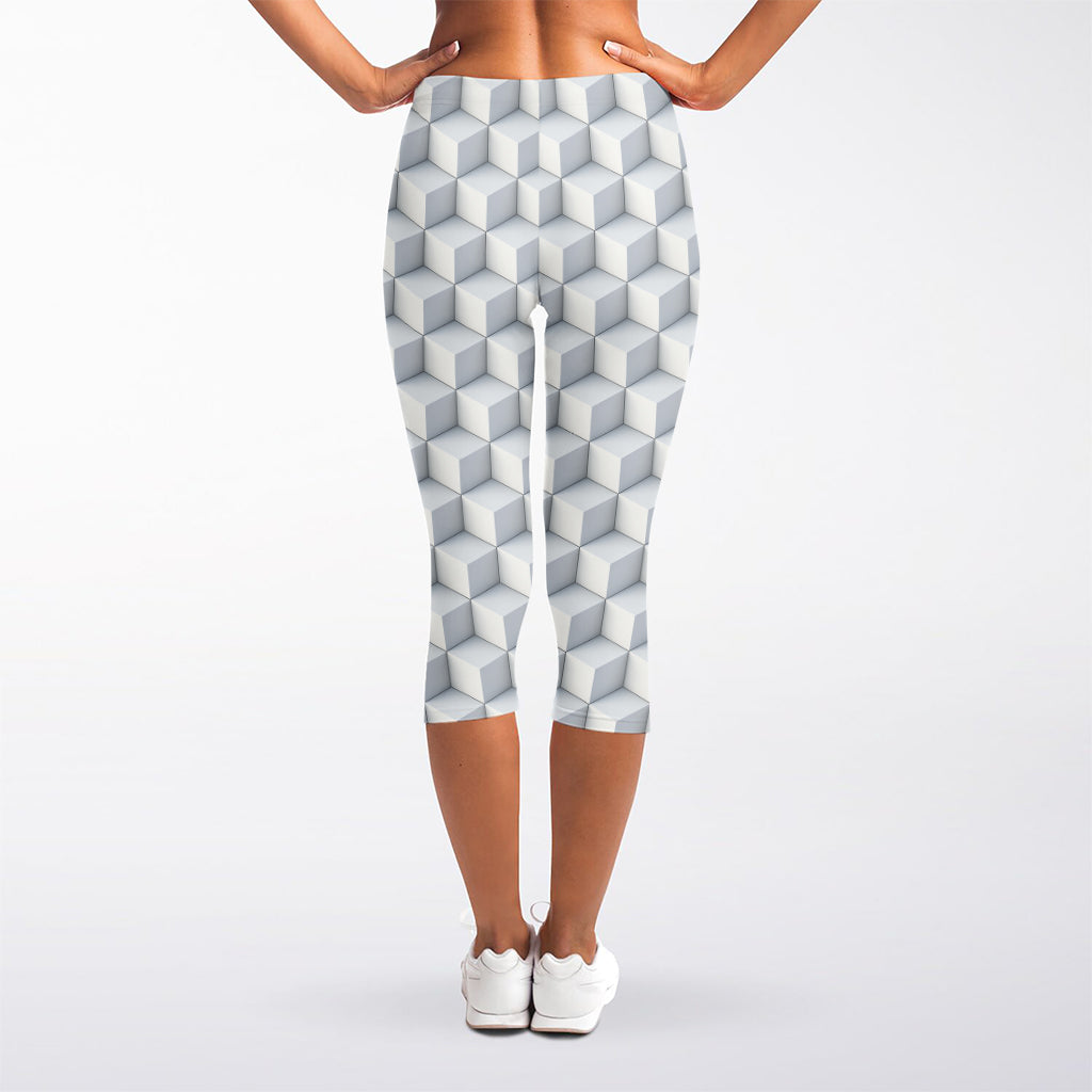 White Geometric Cube Shape Pattern Print Women's Capri Leggings