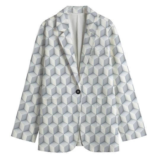 White Geometric Cube Shape Pattern Print Women's Cotton Blazer