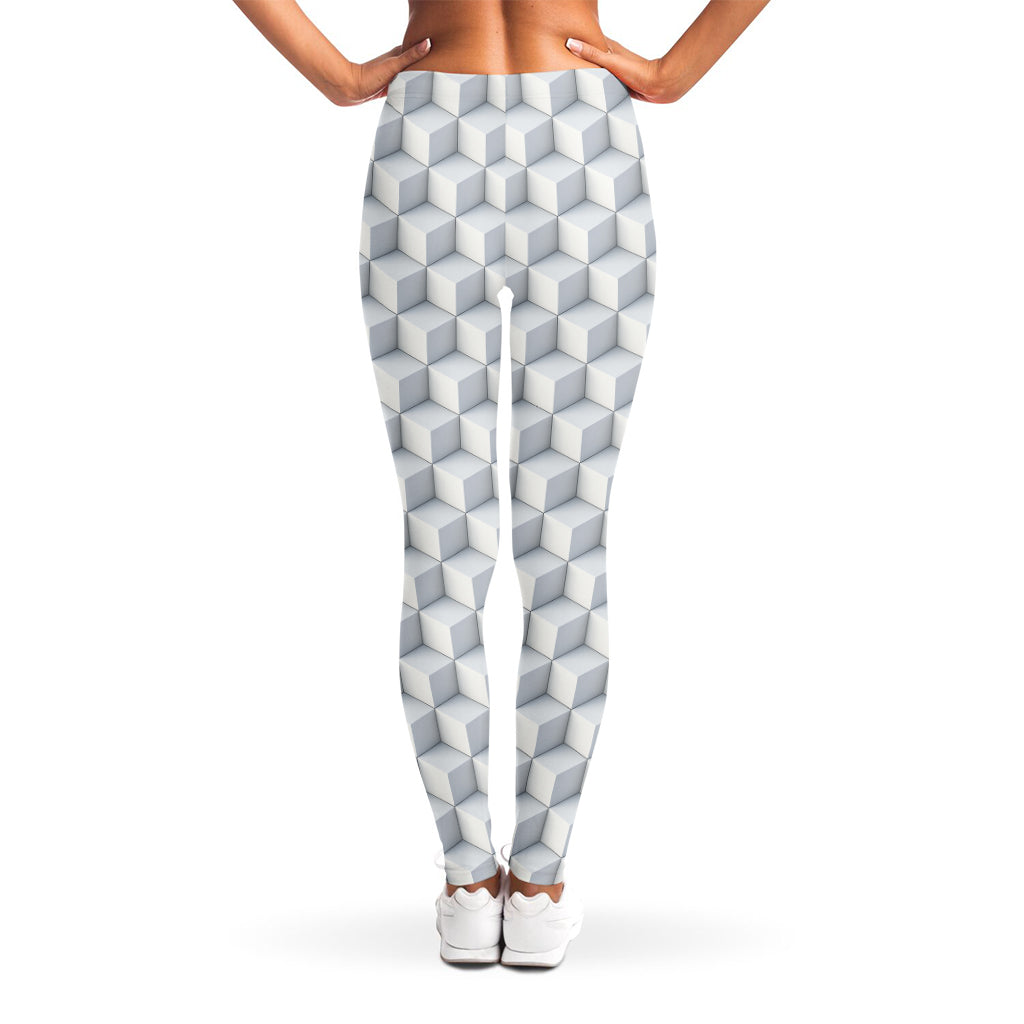 White Geometric Cube Shape Pattern Print Women's Leggings