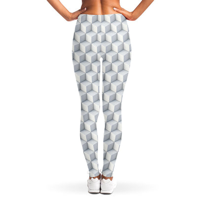 White Geometric Cube Shape Pattern Print Women's Leggings