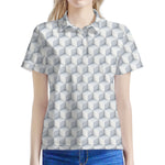 White Geometric Cube Shape Pattern Print Women's Polo Shirt