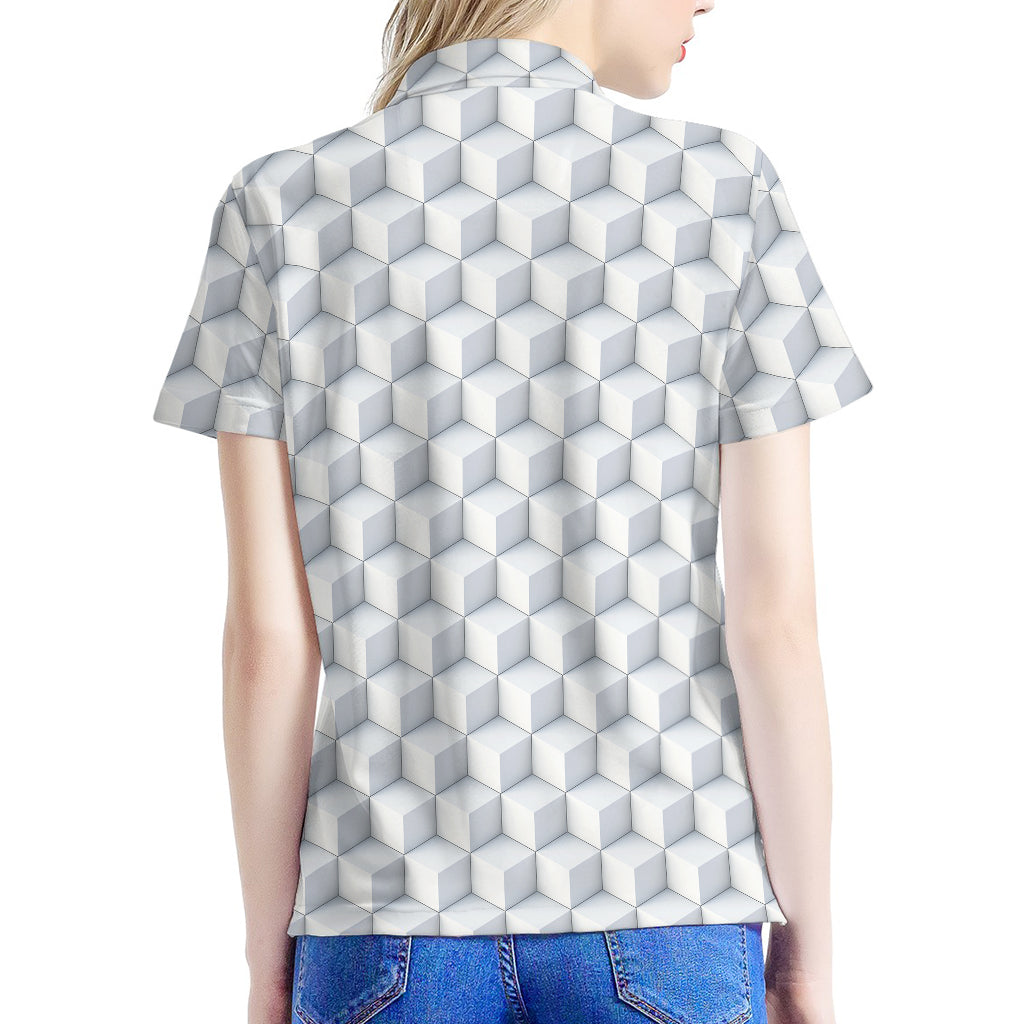 White Geometric Cube Shape Pattern Print Women's Polo Shirt