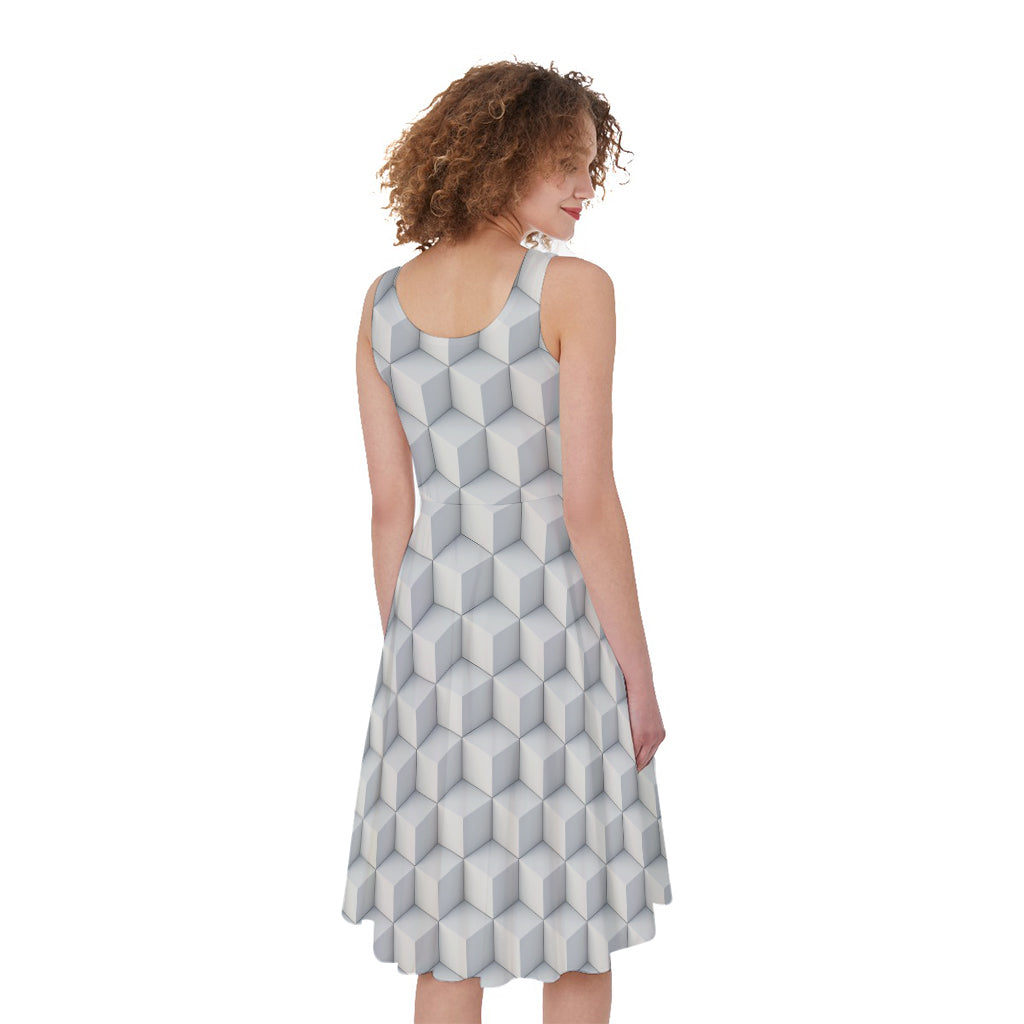 White Geometric Cube Shape Pattern Print Women's Sleeveless Dress
