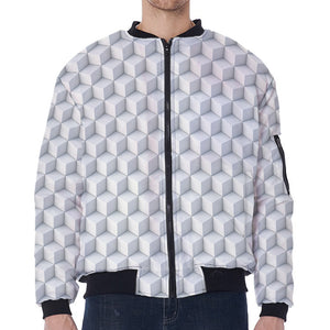 White Geometric Cube Shape Pattern Print Zip Sleeve Bomber Jacket