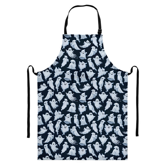 White Ghost Pattern Print Bib Apron With Pocket