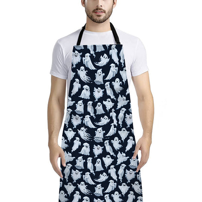 White Ghost Pattern Print Bib Apron With Pocket