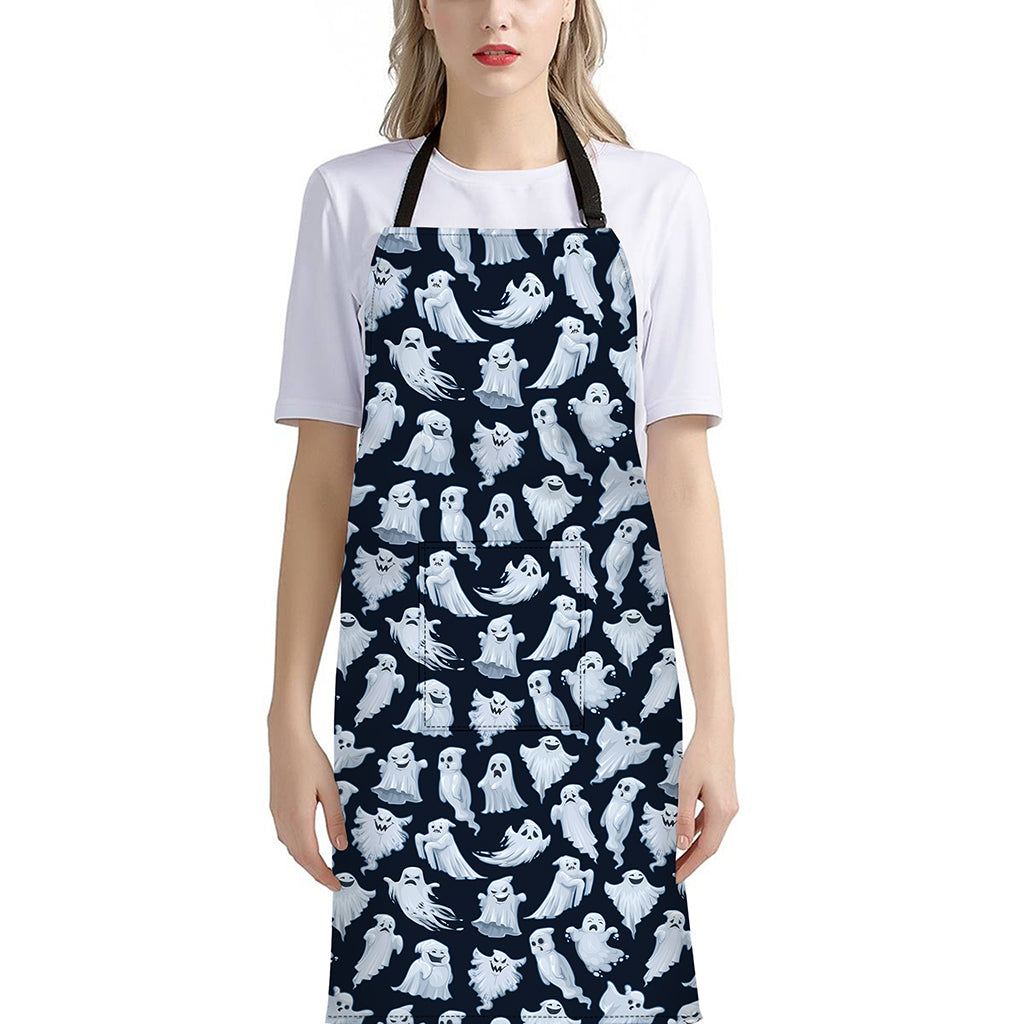 White Ghost Pattern Print Bib Apron With Pocket