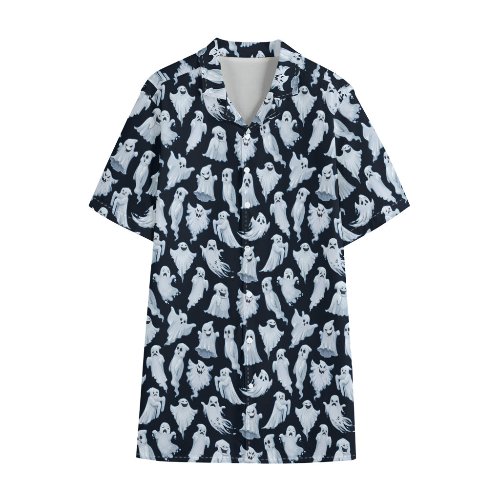 White Ghost Pattern Print Cotton Hawaiian Shirt