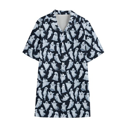 White Ghost Pattern Print Cotton Hawaiian Shirt