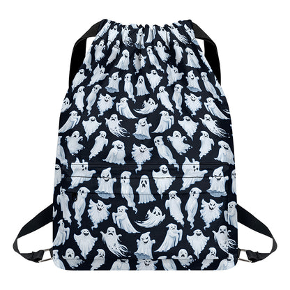 White Ghost Pattern Print Drawstring Backpack