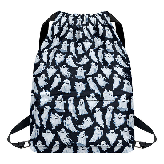 White Ghost Pattern Print Drawstring Backpack