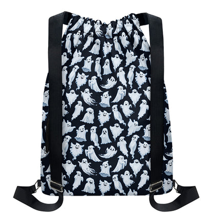 White Ghost Pattern Print Drawstring Backpack