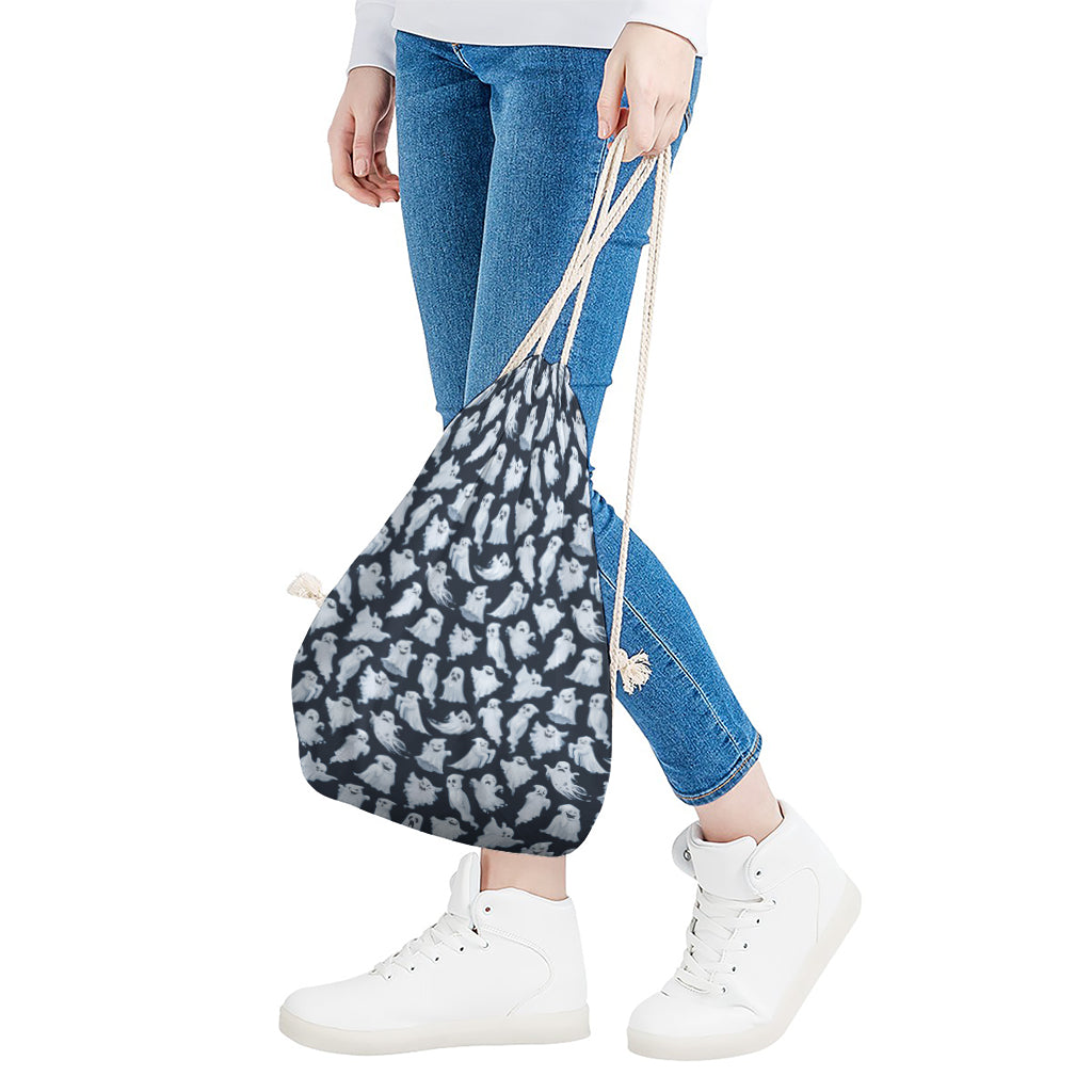 White Ghost Pattern Print Drawstring Bag