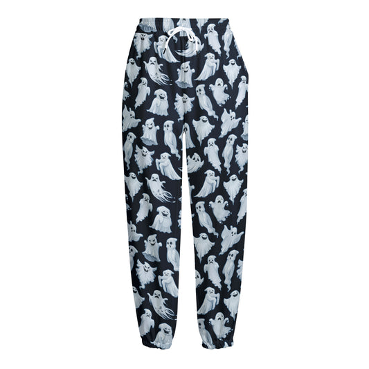White Ghost Pattern Print Fleece Lined Knit Pants
